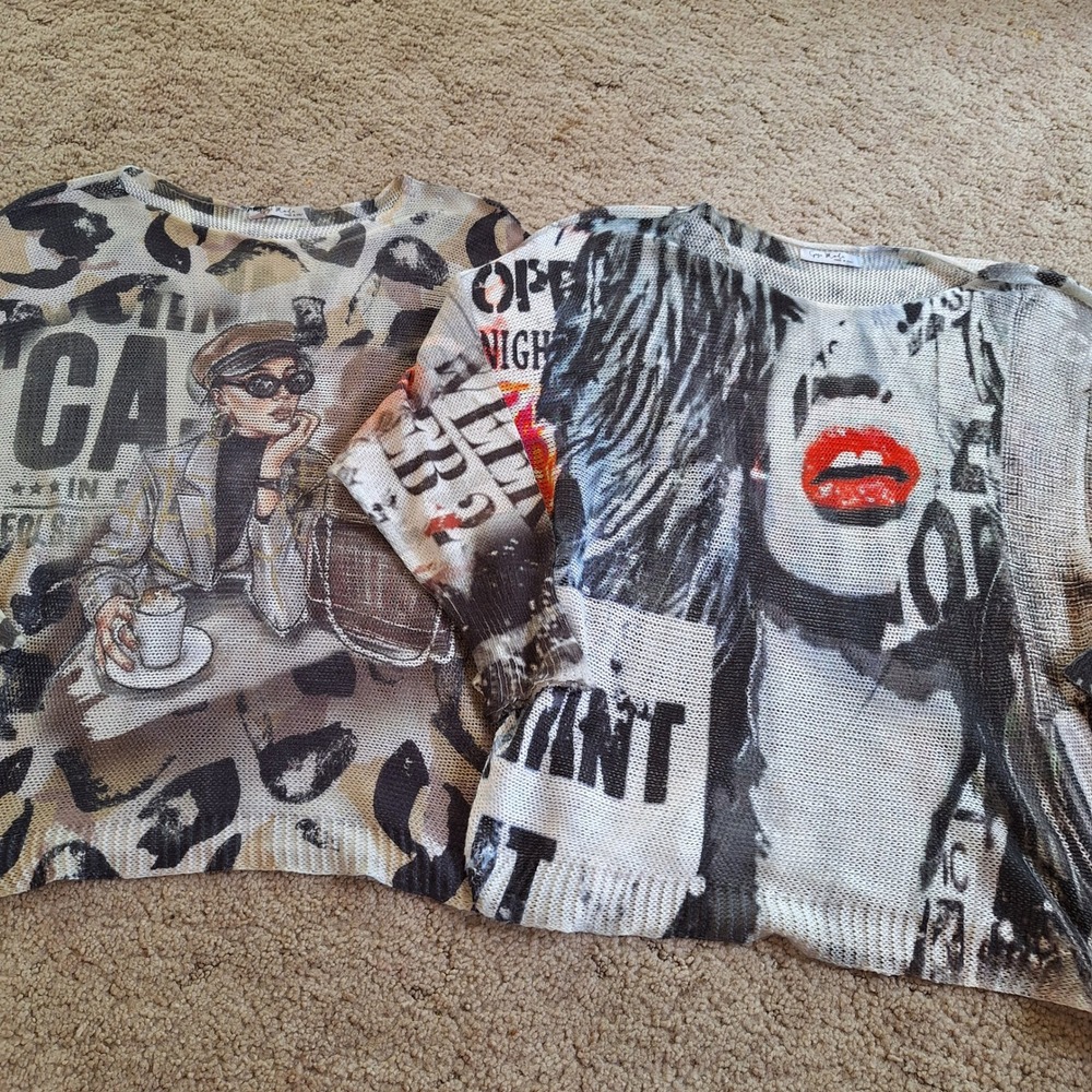 Gigi Moda Y2K Pop Art Collage Graffiti Glam Streetwear Open Knit Sweater Lot